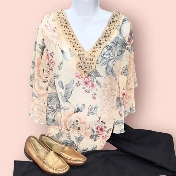 Studio Y Beaded Floral Blouse Medium Sheer Boho Top - Picture 2 of 9